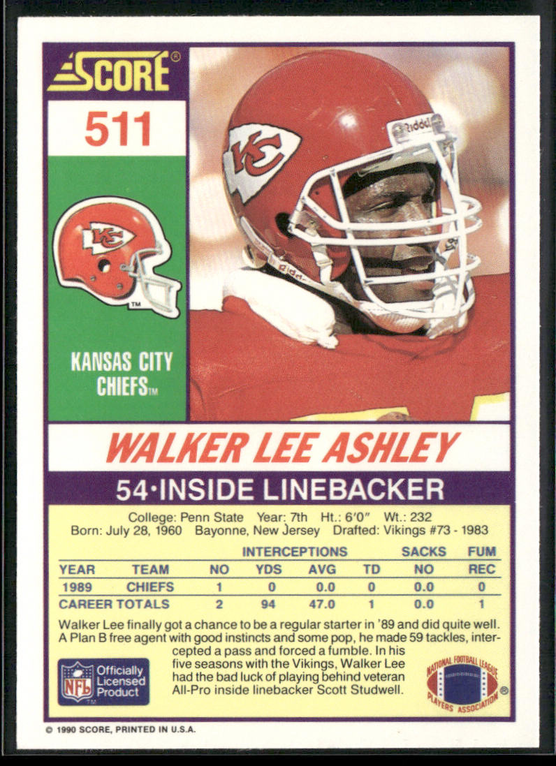 Walker Lee Ashley 1990 Score #511 RC Kansas City Chiefs