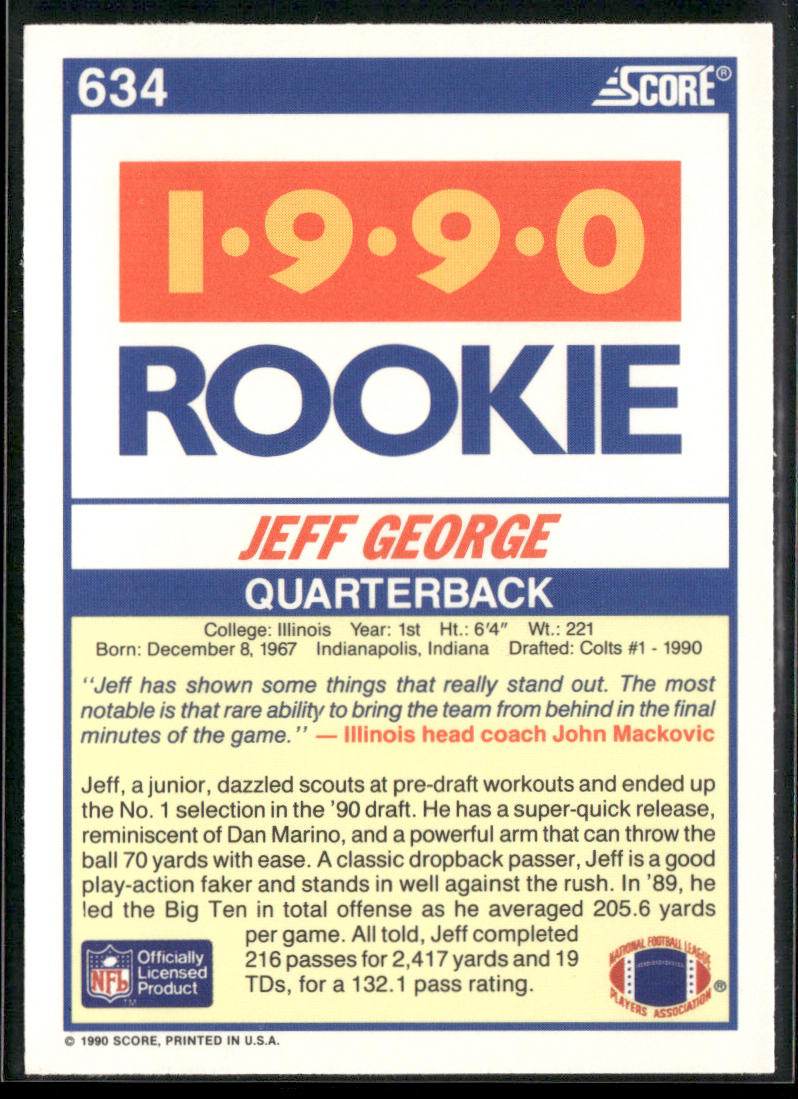 Jeff George 1990 Score #634 RC Illinois Fighting Illini