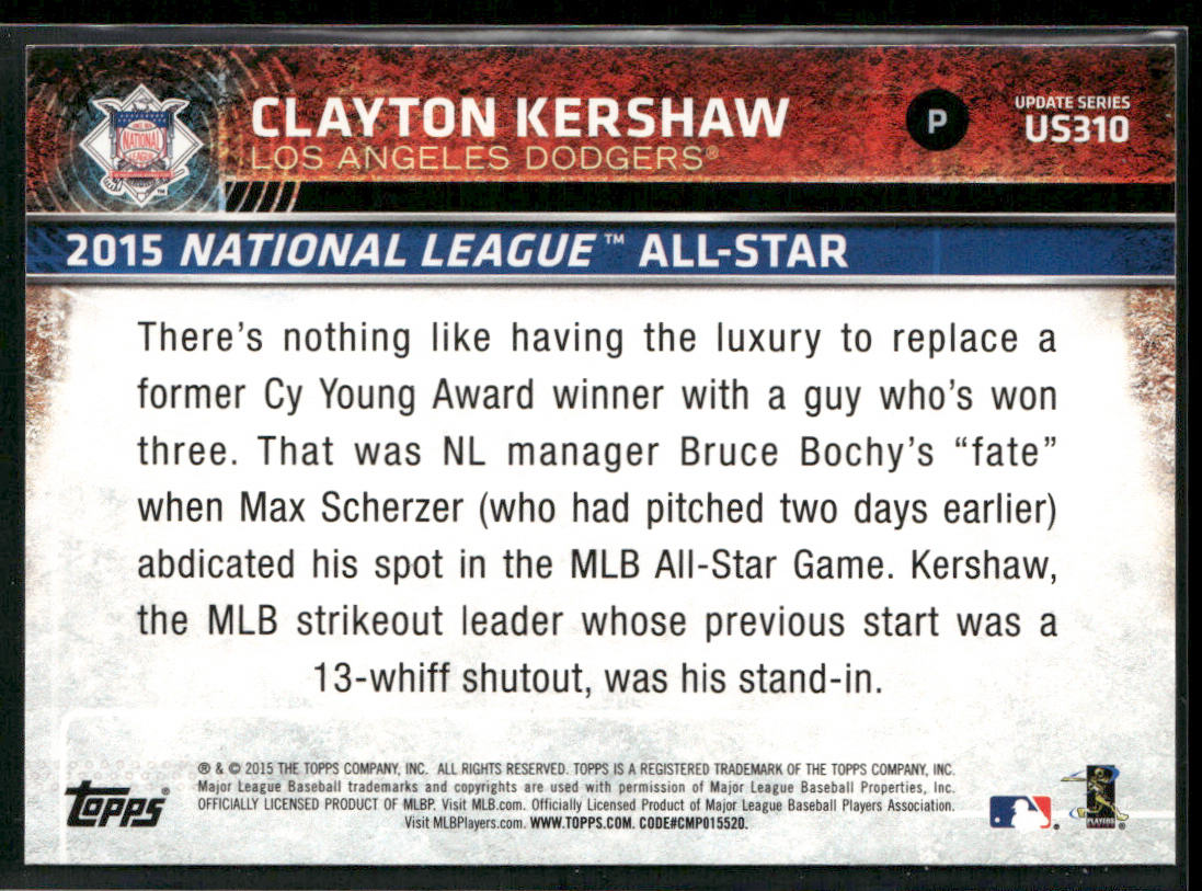 Clayton Kershaw 2015 Topps Update #US310 Los Angeles Dodgers