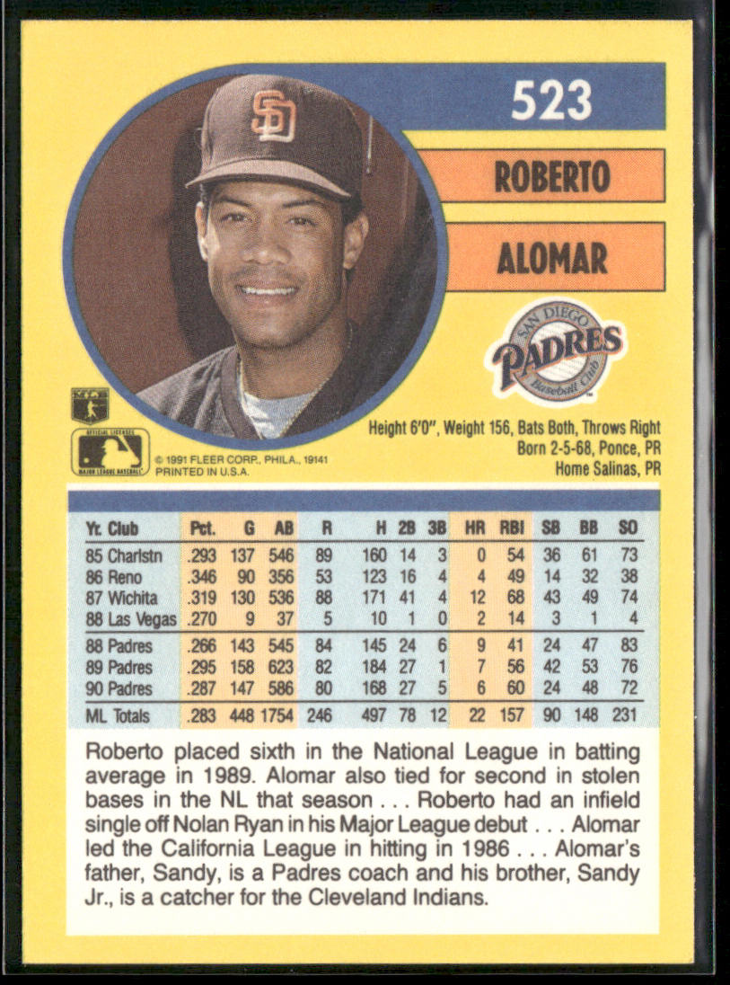 Roberto Alomar 1991 Fleer #523b San Diego Padres