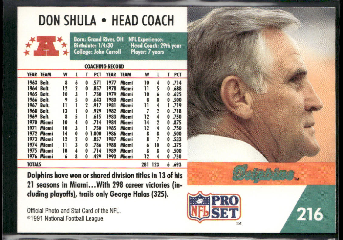 Don Shula 1991 Pro Set #216 Miami Dolphins back