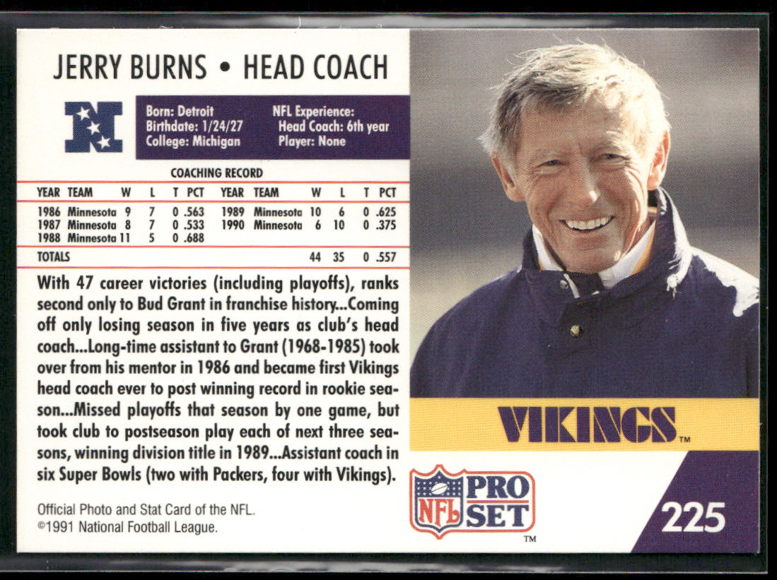 Jerry Burns 1991 Pro Set #225 Minnesota Vikings