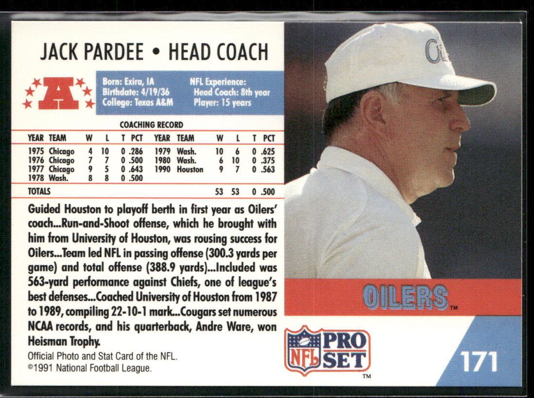 Jack Pardee 1991 Pro Set #171 Houston Oilers back
