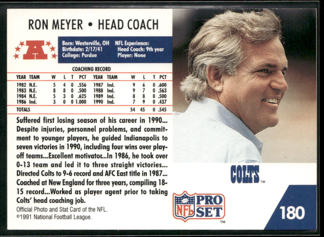 Ron Meyer 1991 Pro Set #180 Indianapolis Colts back