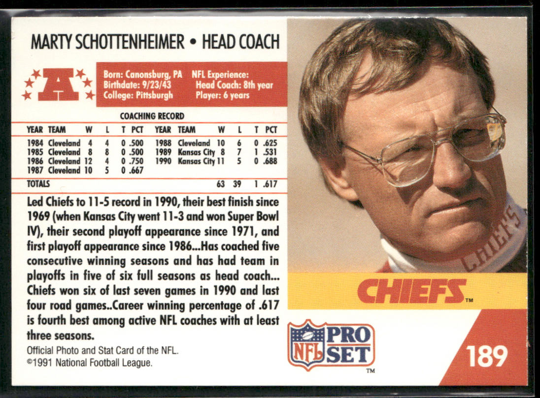 Marty Schottenheimer 1991 Pro Set #189 Kansas City Chiefs back