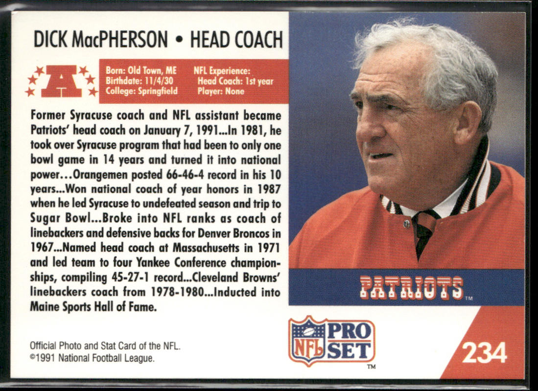 Dick MacPherson 1991 Pro Set #234 New England Patriots