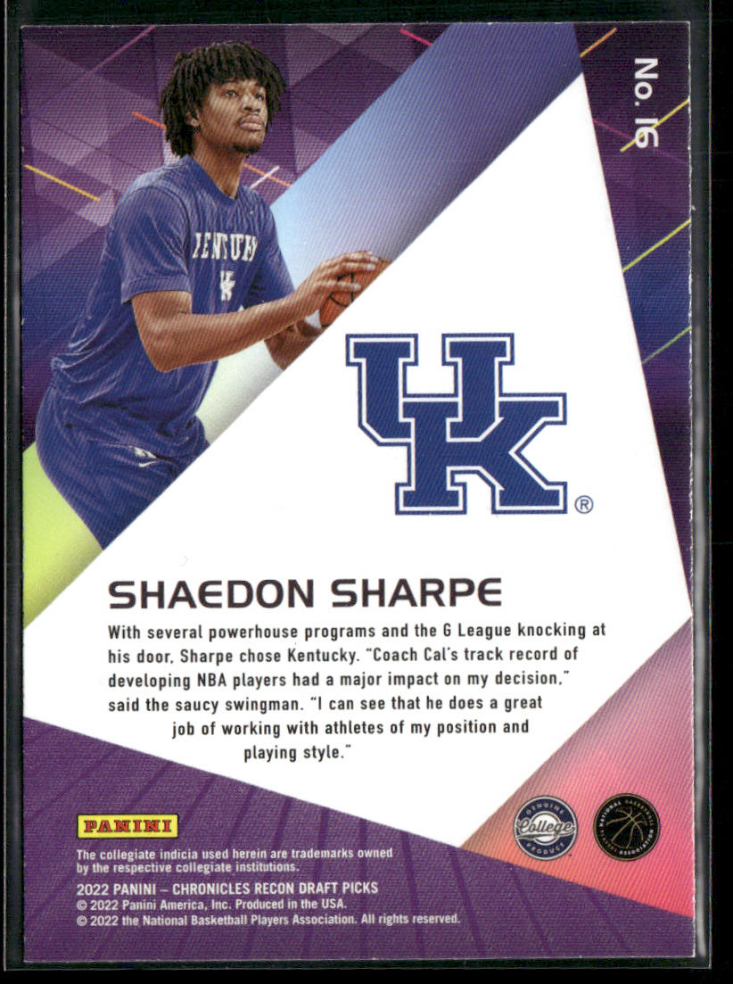 Shaedon Sharpe 2022 Panini Chronicles Draft Picks Recon #16 Kentucky Wildcats