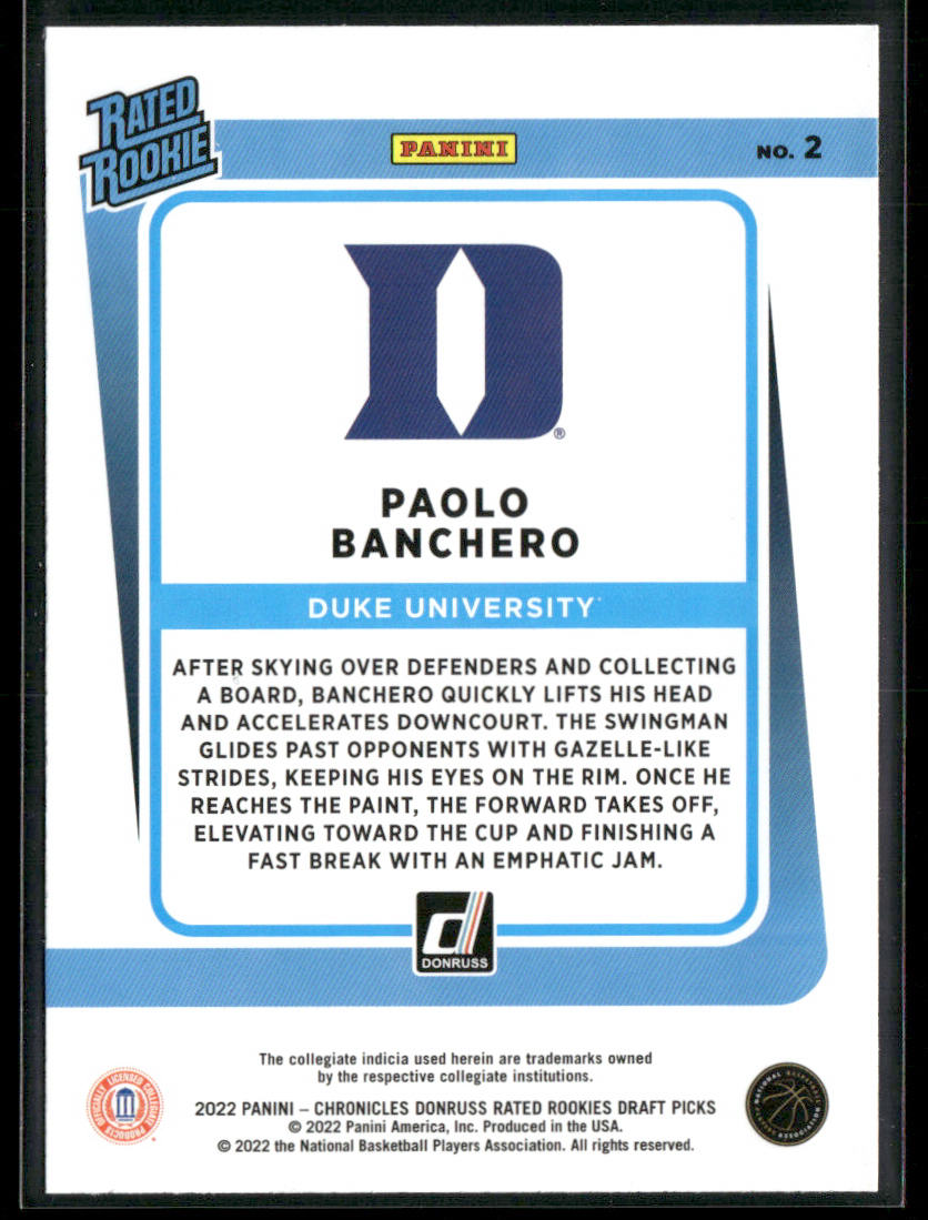 Paolo Banchero 2022 Panini Chronicles Draft Picks Donruss Rated Rookies #2