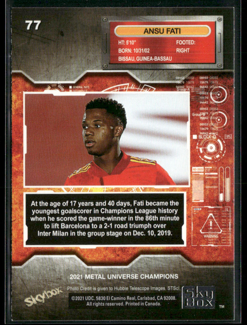 Ansu Fati 2021 SkyBox Metal Universe Champions #77 back