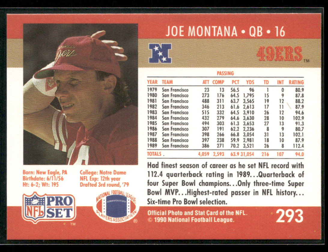 Joe Montana 1990 Pro Set #293 San Francisco 49ers