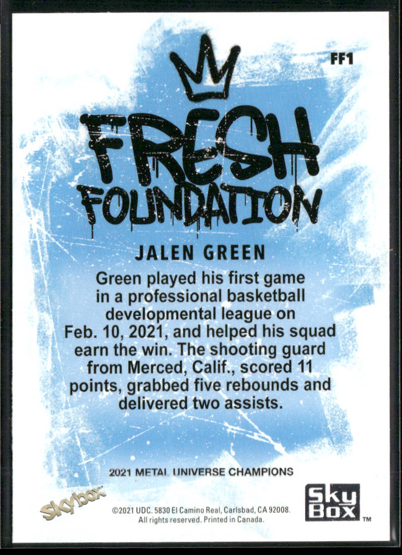 Jalen Green 2021 SkyBox Metal Universe Champions Fresh Foundation #FF1 back