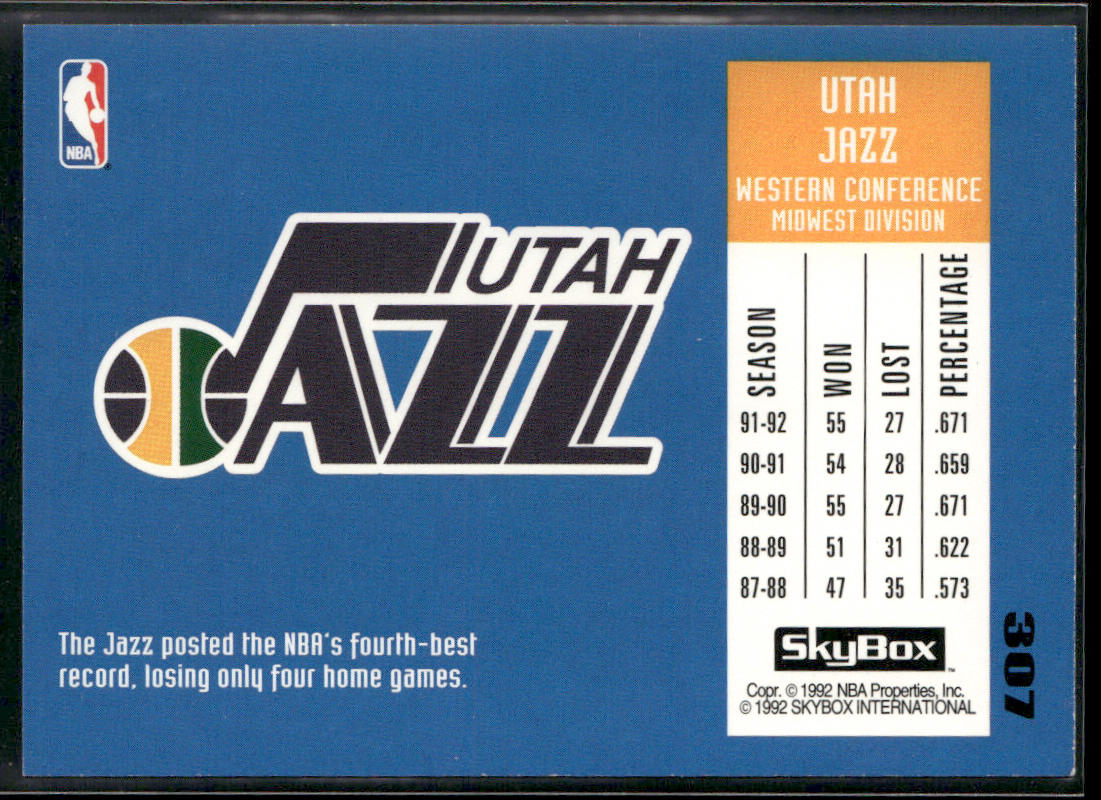 John Stockton 1992-93 SkyBox #307 Utah Jazz back