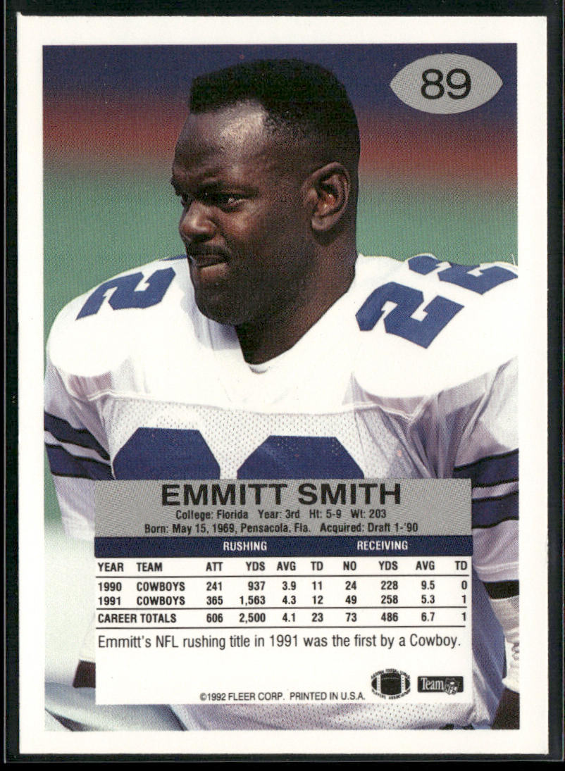 Emmitt Smith 1992 Fleer #89 Dallas Cowboys back