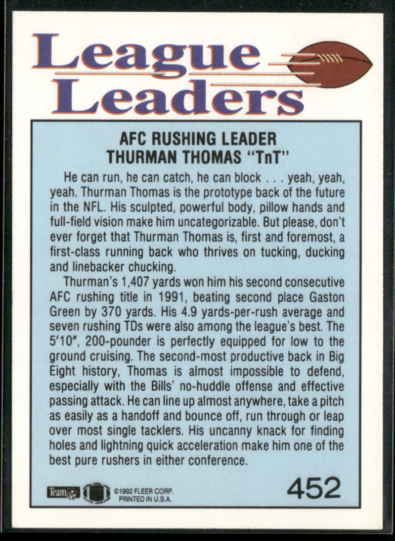 Thurman Thomas 1992 Fleer #452 Buffalo Bills