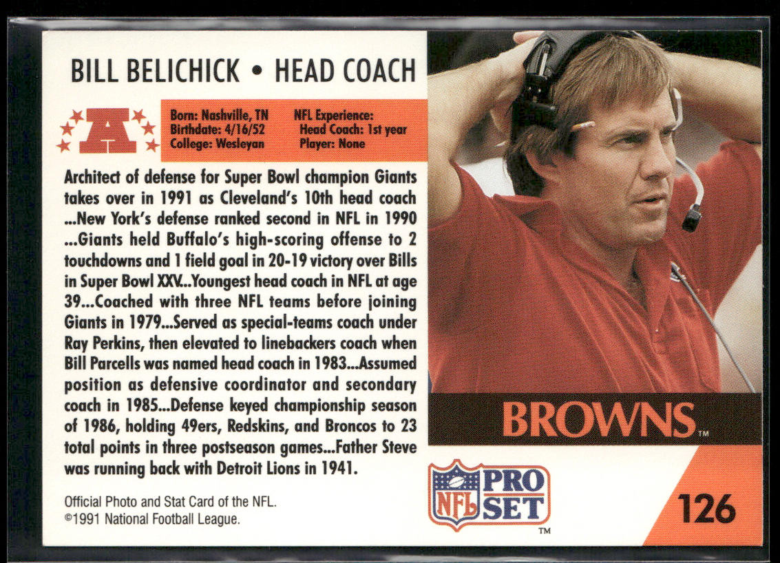 Bill Belichick 1991 Pro Set #126 Cleveland Browns back