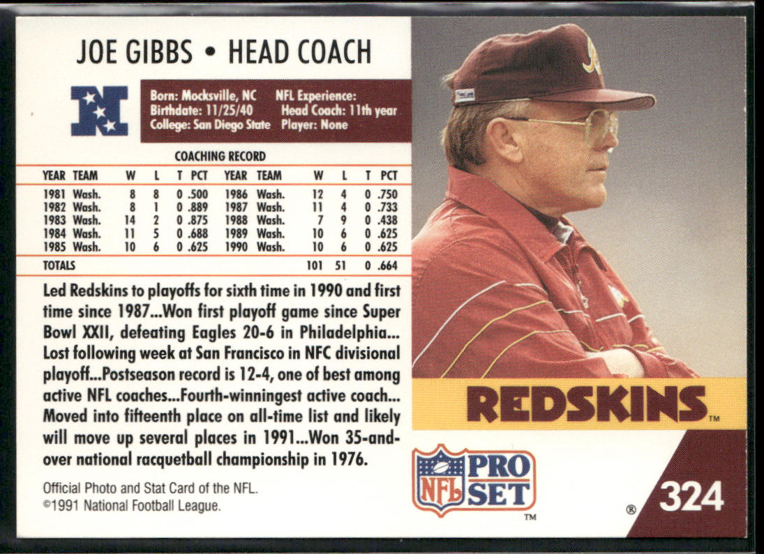 Joe Gibbs 1991 Pro Set #324 Washington Redskins back