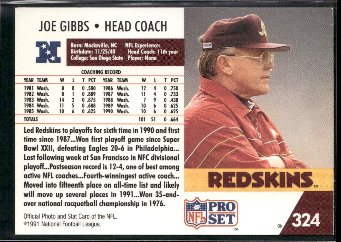 Joe Gibbs 1991 Pro Set #324 Washington Redskins back