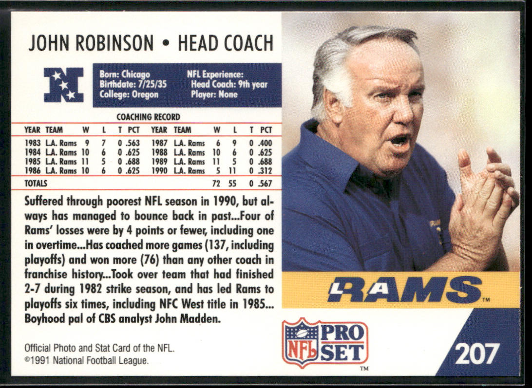 John Robinson 1991 Pro Set #207 Los Angeles Rams back
