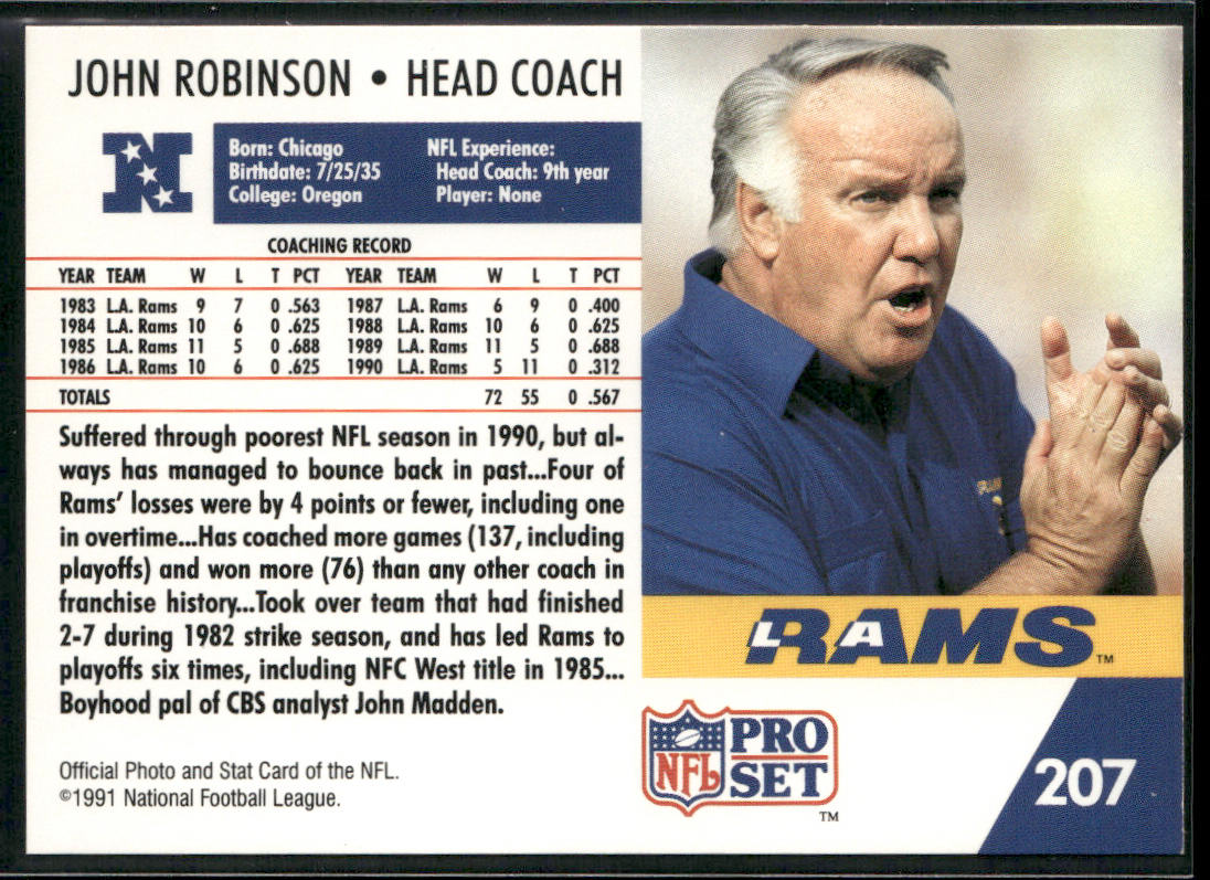 John Robinson 1991 Pro Set #207 Los Angeles Rams back