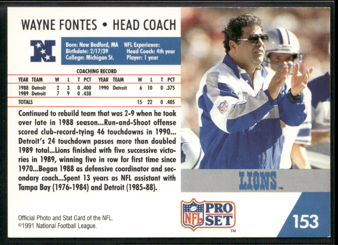 Wayne Fontes 1991 Pro Set #153 Detroit Lions back