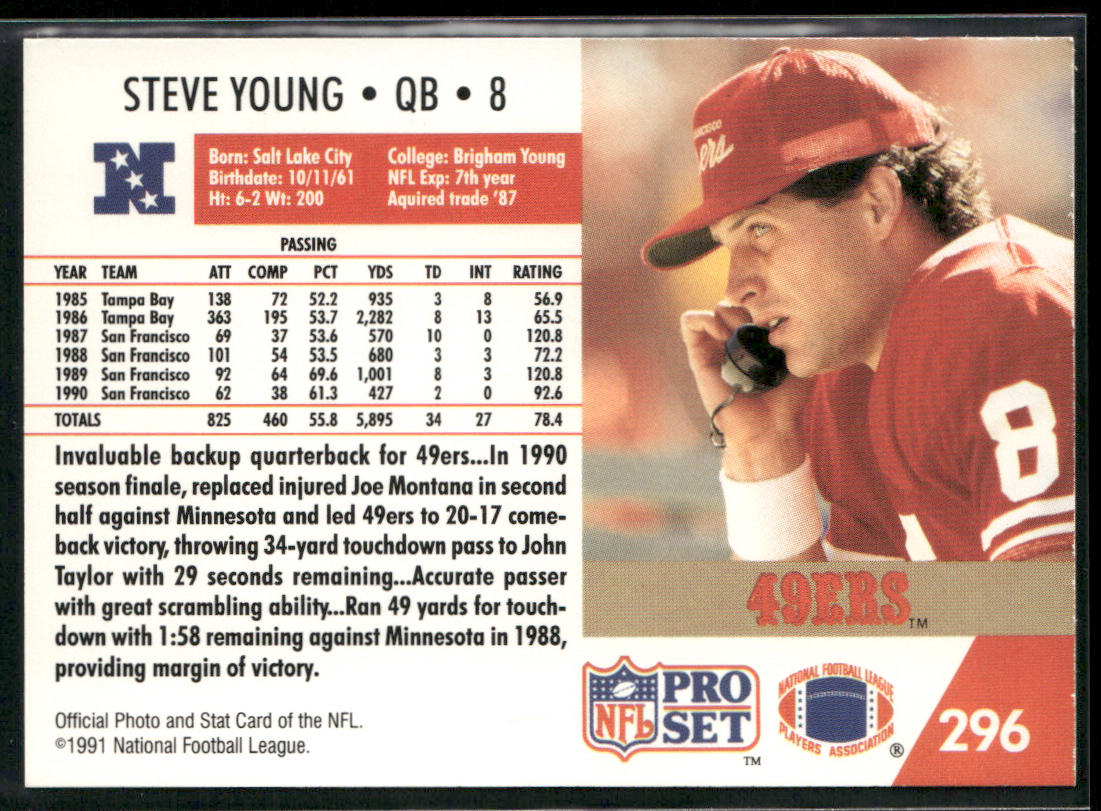 Steve Young 1991 Pro Set #296 San Francisco 49ers back