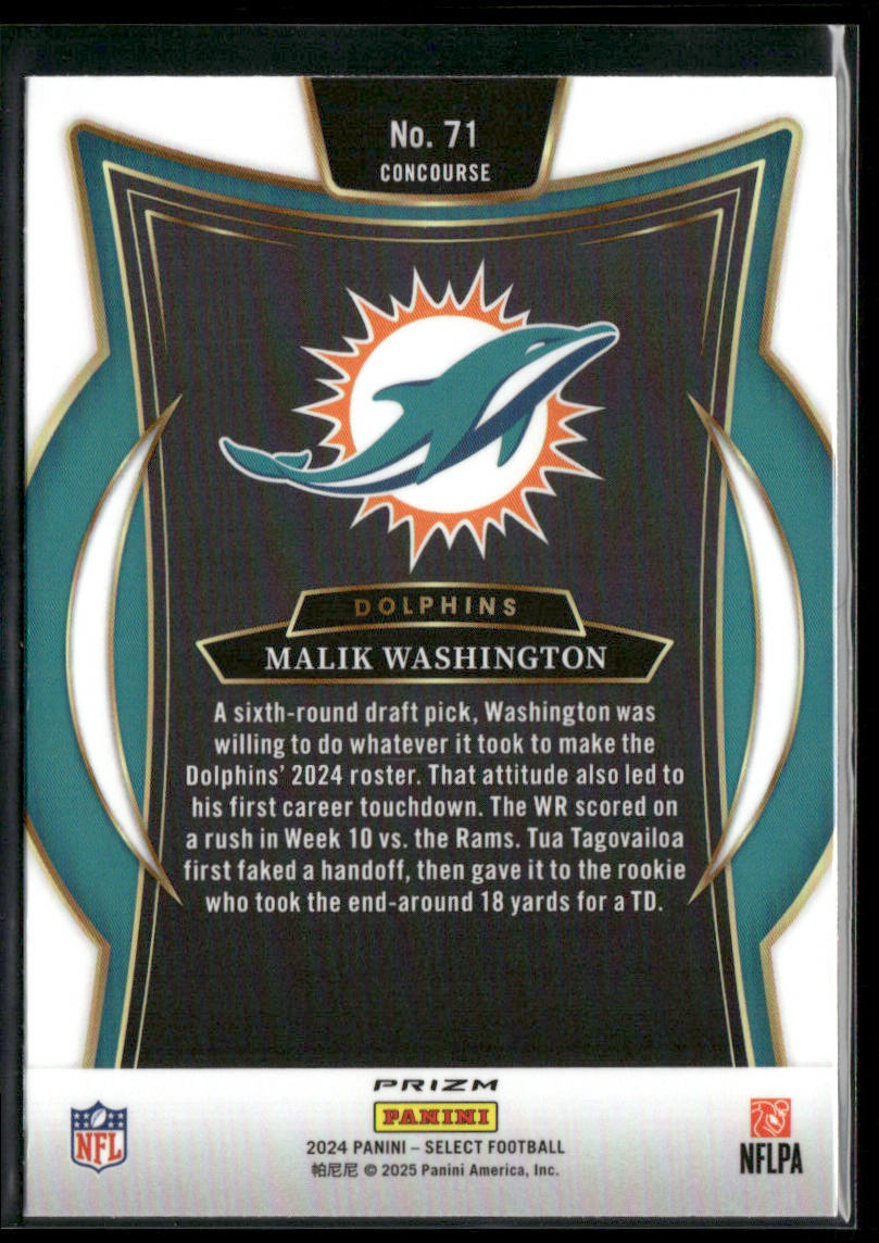 Malik Washington 2024 Panini Select Red & Yellow Prizm Shock #71 RC Dolphins