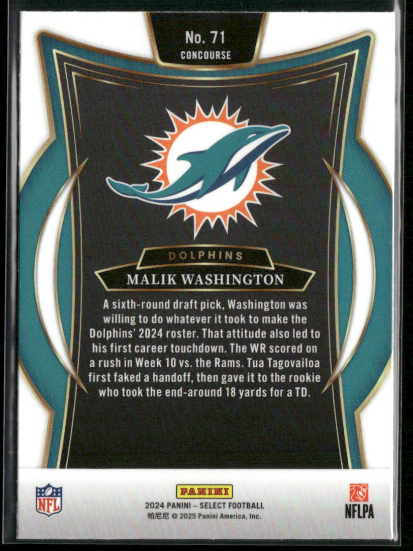 Malik Washington 2024 Panini Select #71 RC Miami Dolphins back