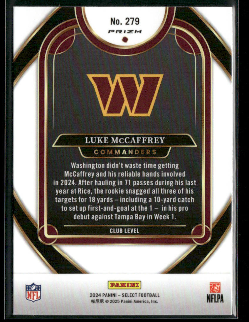 Luke McCaffrey 2024 Panini Select Red & Yellow Prizm Shock #279 RC Commanders