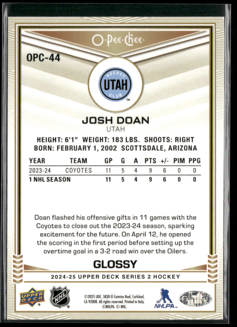 Josh Doan 2024-25 Upper Deck O-Pee-Chee Glossy #OPC-44 Utah Hockey Club