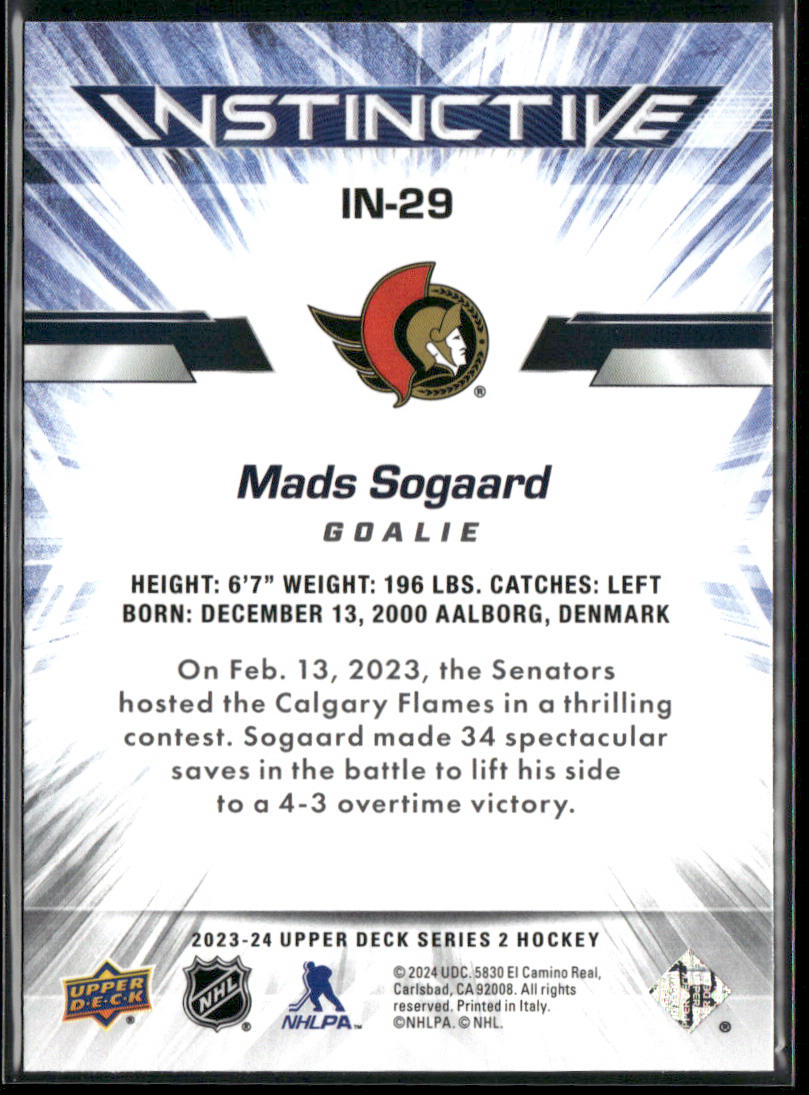 Mads Sogaard 2023-24 Upper Deck Instinctive Sparkle #IN-29 Ottawa Senators