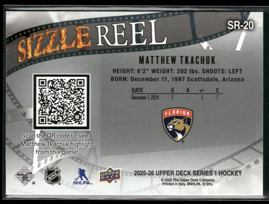 Matthew Tkachuk 2025-26 Upper Deck Sizzle Reel #SR-20 Florida Panthers back