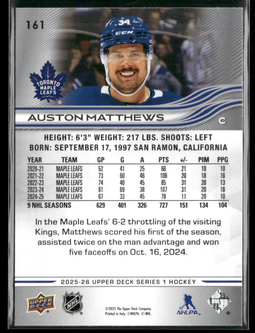 Auston Matthews 2025-26 Upper Deck #161 Toronto Maple Leafs back