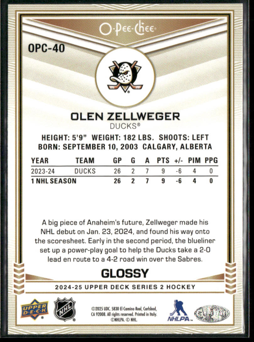 Olen Zellweger 2024-25 Upper Deck O-Pee-Chee Glossy #OPC-40 Anaheim Ducks back