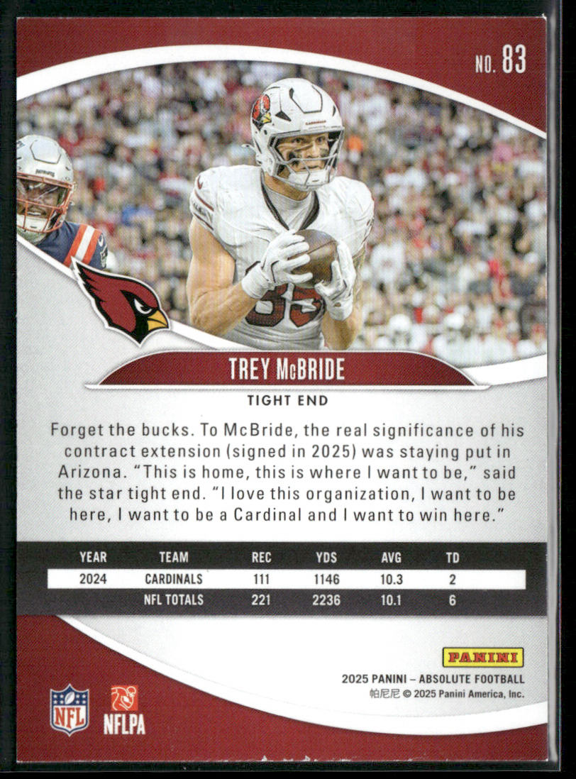 Trey McBride 2025 Panini Absolute #83 Arizona Cardinals