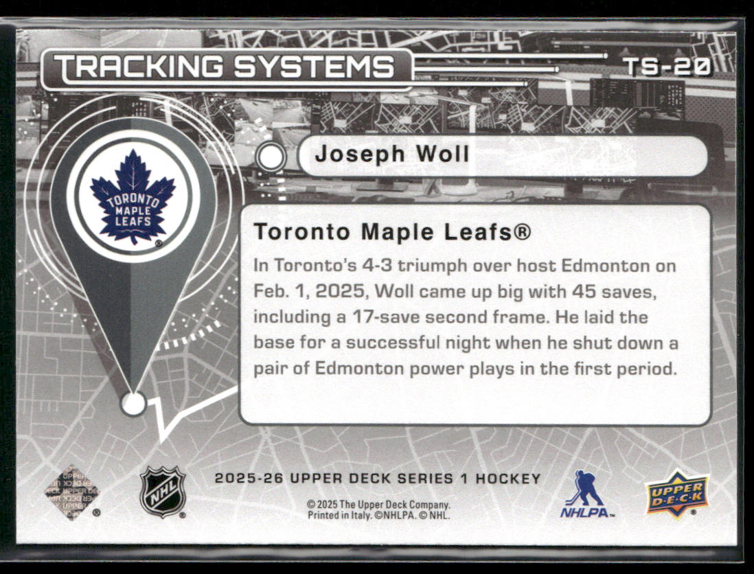 Joseph Woll 2025-26 Upper Deck Tracking Systems #TS-20 Toronto Maple Leafs