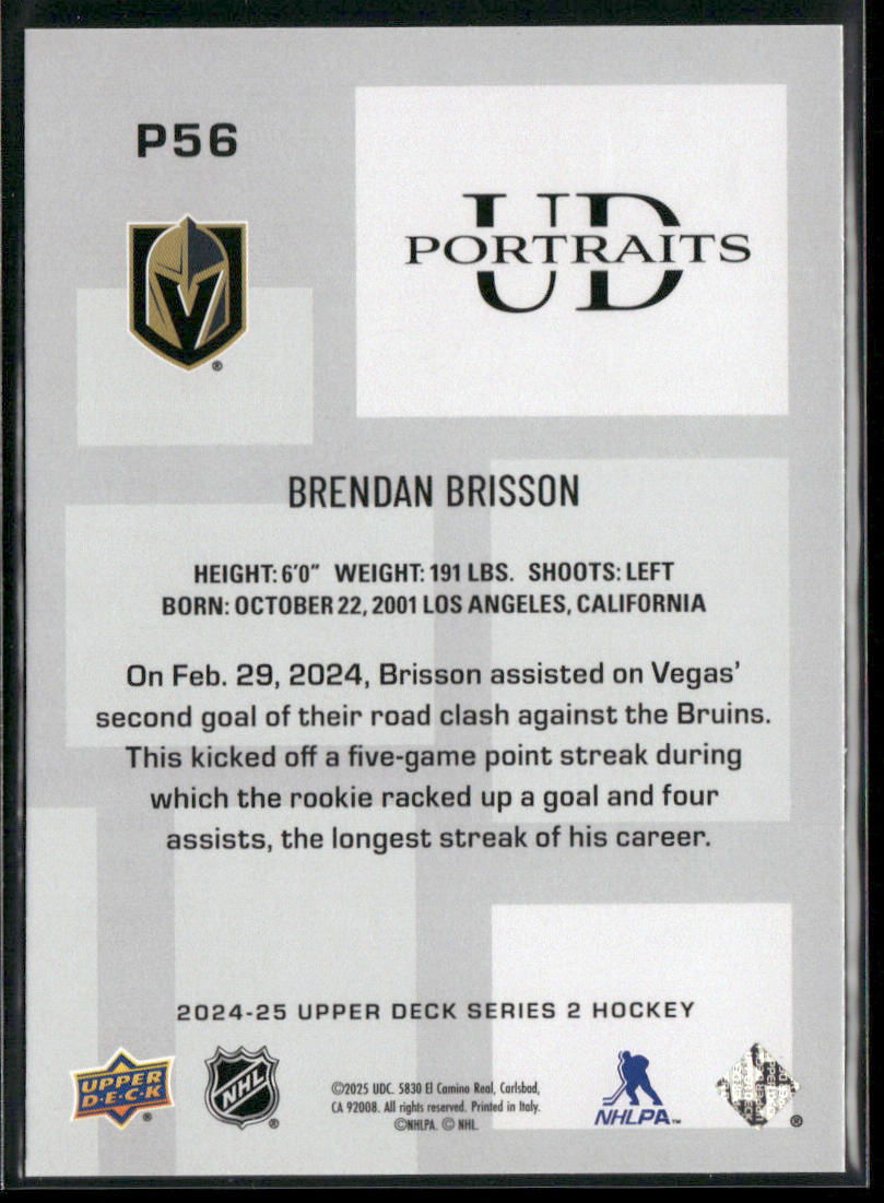 Brendan Brisson 2024-25 Upper Deck UD Portraits #P56 Vegas Golden Knights back