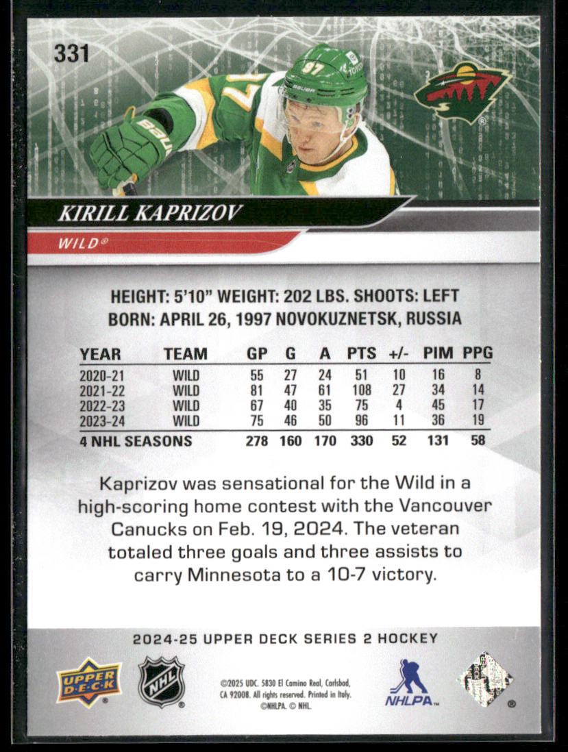 Kirill Kaprizov 2024-25 Upper Deck #331 Minnesota Wild back