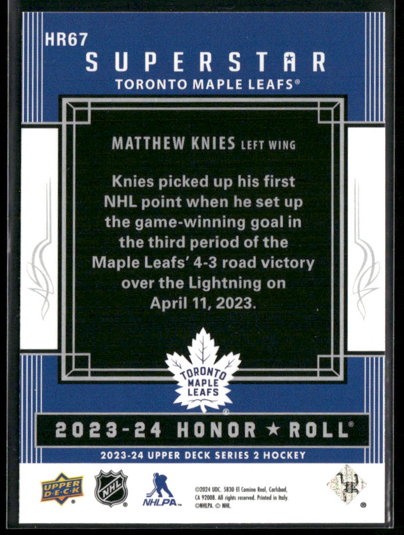 Matthew Knies 2023-24 Upper Deck Honor Roll #HR67 Toronto Maple Leafs