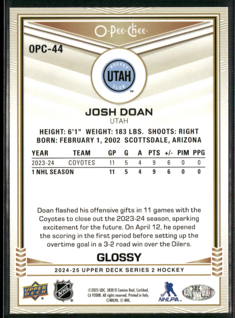 Josh Doan 2024-25 Upper Deck O-Pee-Chee Glossy #OPC-44 Utah Hockey Club back