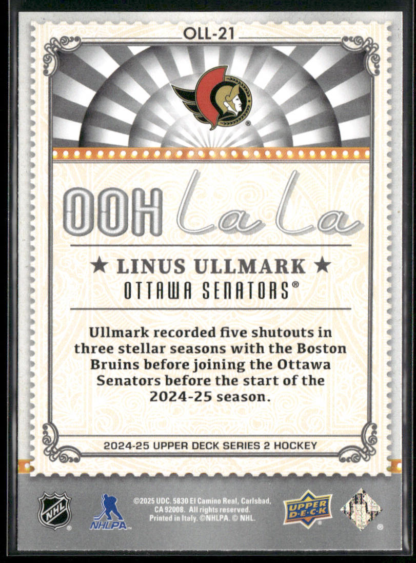 Linus Ullmark 2024-25 Upper Deck Ooh La La #OLL-21 Ottawa Senators back