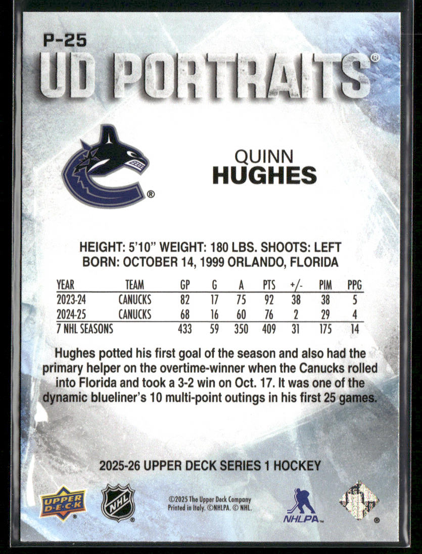 Quinn Hughes 2025-26 Upper Deck UD Portraits #P-25 Vancouver Canucks