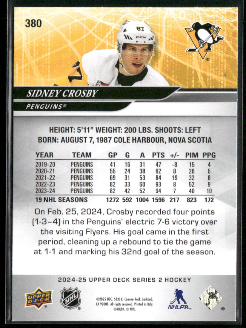 Sidney Crosby 2024-25 Upper Deck #380 Pittsburgh Penguins back