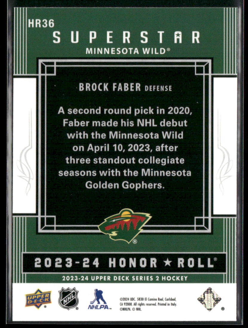 Brock Faber 2023-24 Upper Deck Honor Roll #HR36 Minnesota Wild