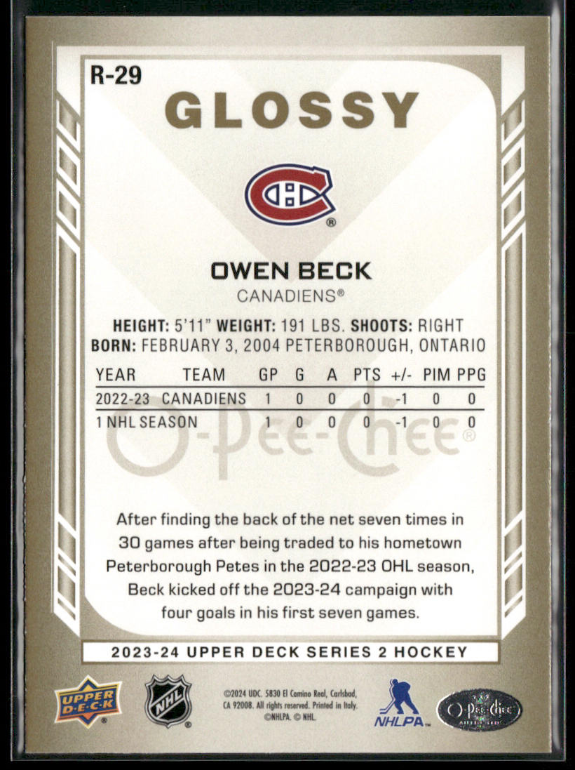 Owen Beck 2023-24 Upper Deck O-Pee-Chee Glossy Gold #R-29 Montreal Canadiens