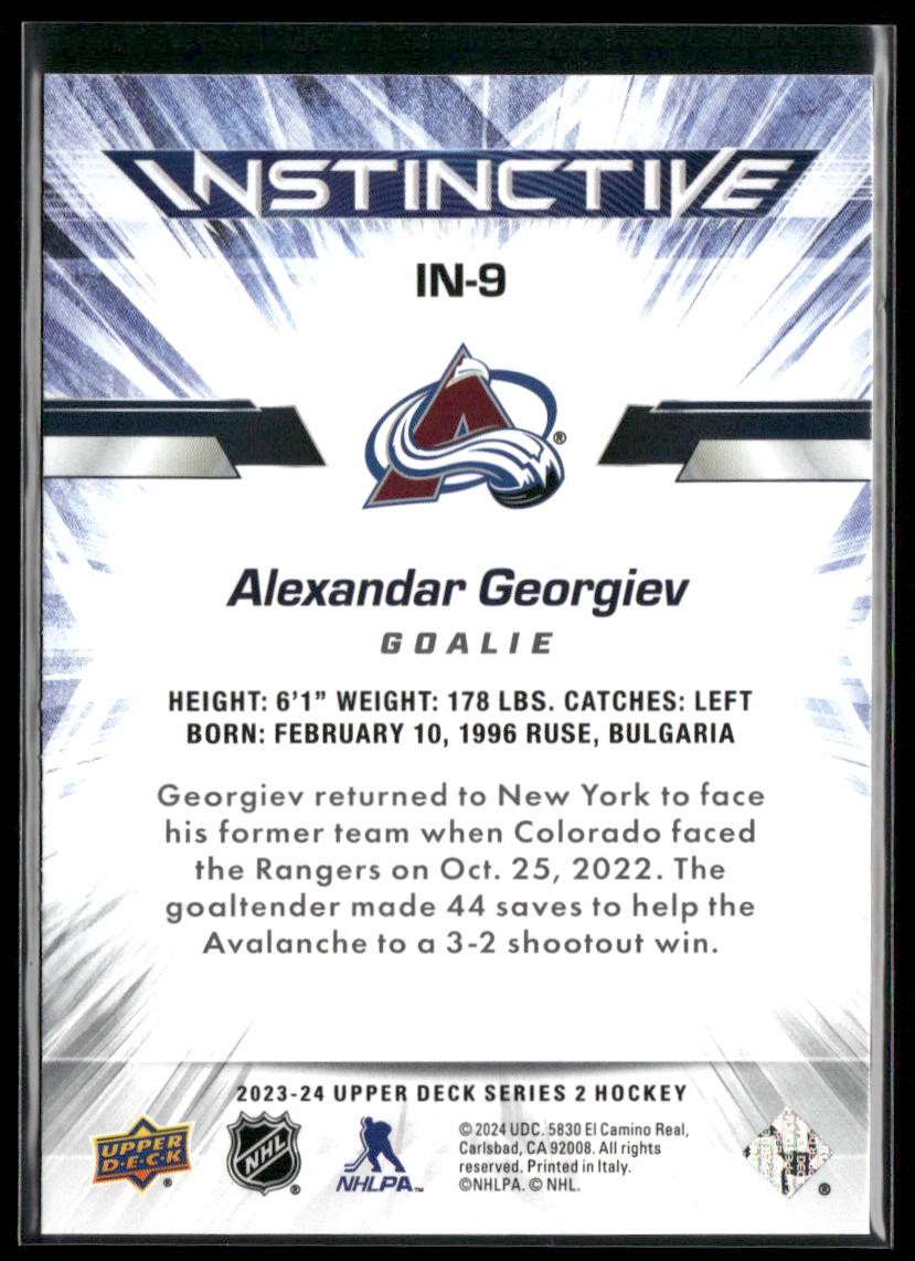 Alexandar Georgiev 2023-24 Upper Deck Instinctive #IN-9 Colorado Avalanche back