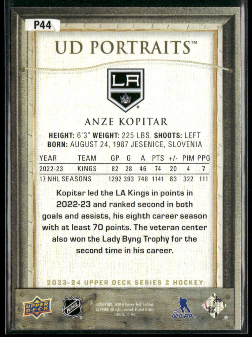 Anze Kopitar 2023-24 Upper Deck UD Portraits #P44 Los Angeles Kings