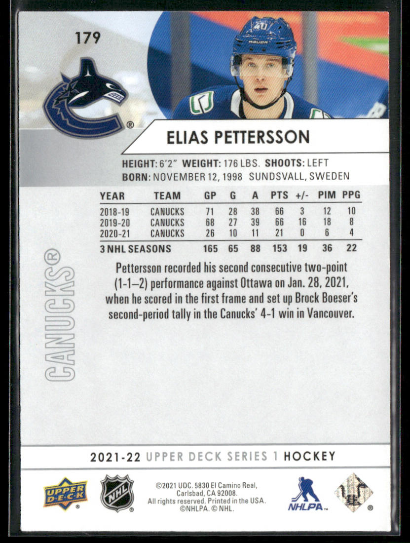 Elias Pettersson 2021-22 Upper Deck #179 Vancouver Canucks