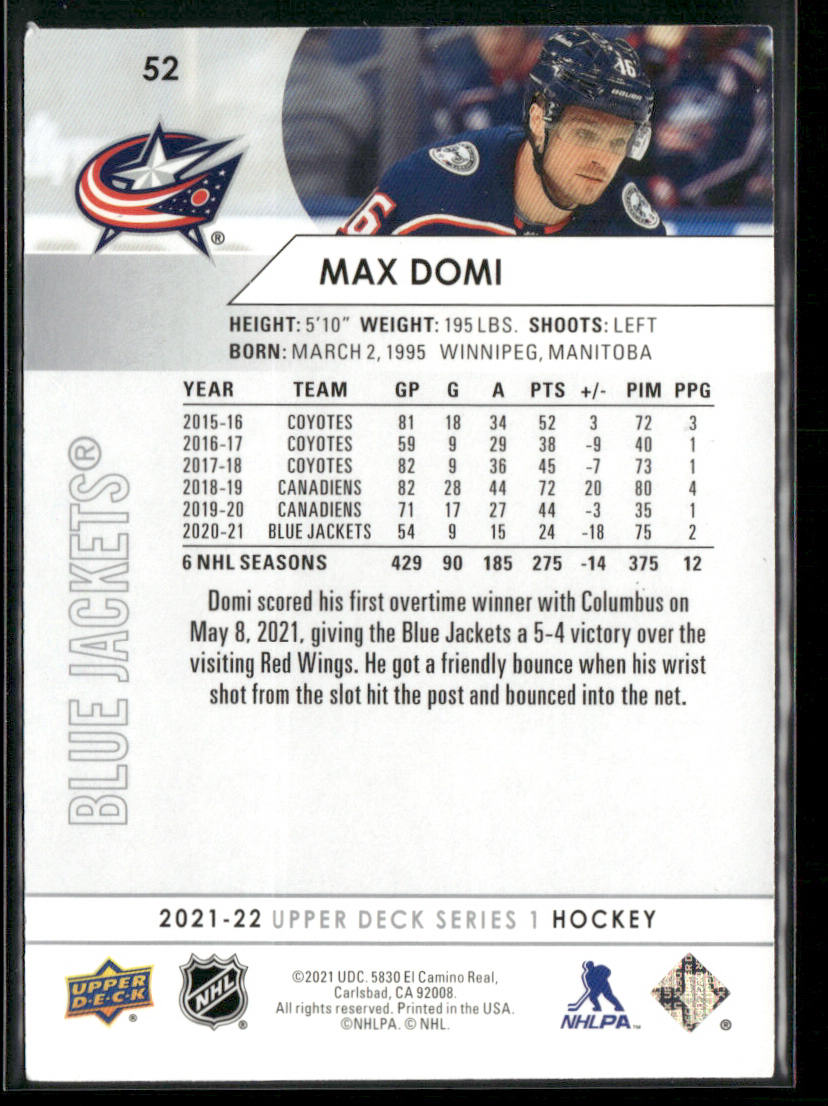 Max Domi 2021-22 Upper Deck #52 Columbus Blue Jackets back
