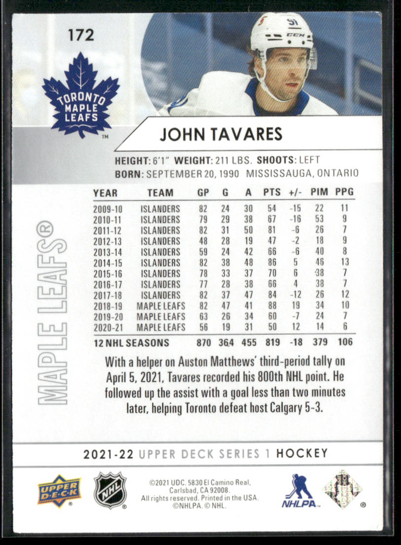 John Tavares 2021-22 Upper Deck #172 Toronto Maple Leafs