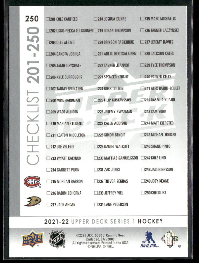 Young Guns Checklist (ld / Zegras) YG, CLCaufie 2021-22 Upper Deck #250